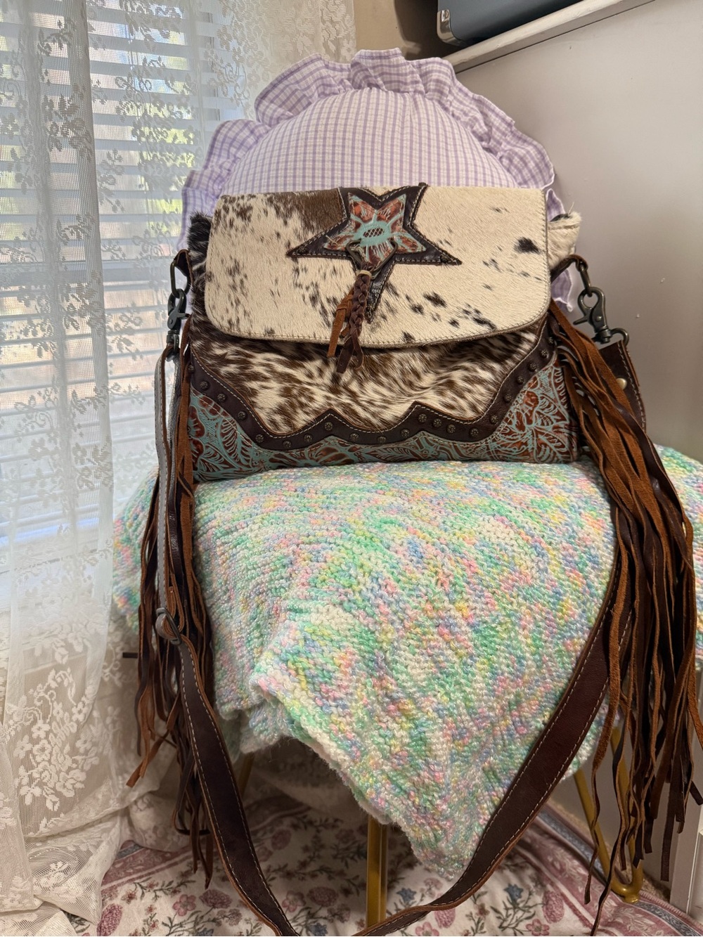 Myra Bag Brown & Cream Fringe Crossbody with Star Motif